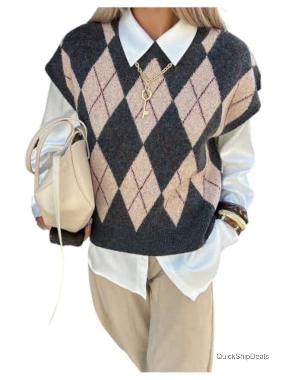 Sleeveless Argyle Sweater Vest Cap Sleeve Pullover Preppy Top